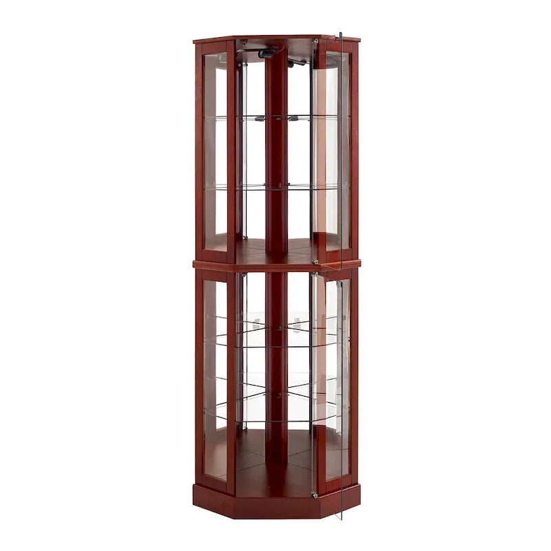 Vitrine d'angle à 6 étagères avec lumières, miroirs et étagères réglables, merisier