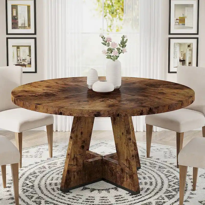 Table à manger ronde de 120 cm pour 4 personnes, table de salle à manger/cuisine/salon en bois style ferme