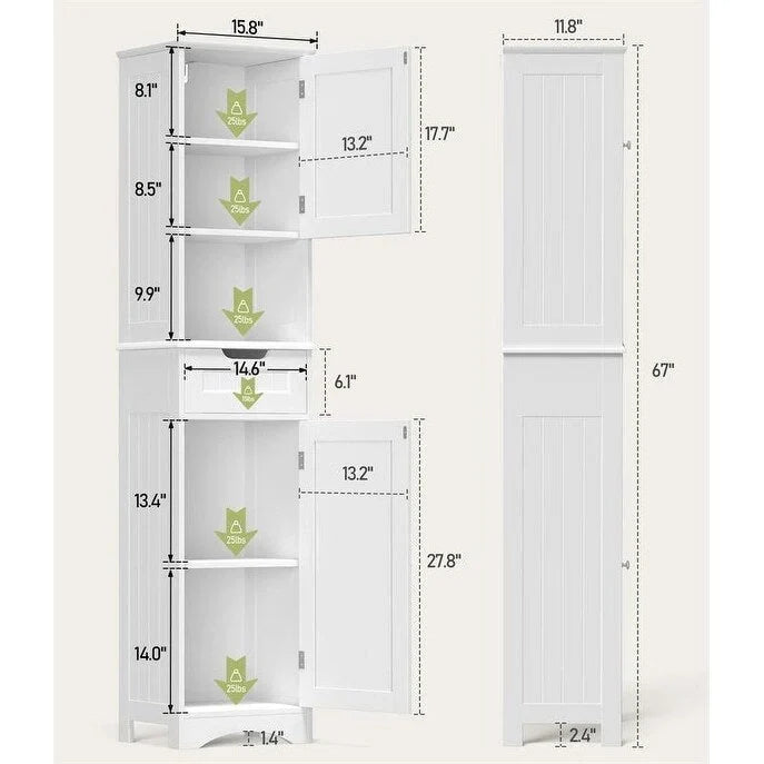 Meuble de Salle de Bain Haut de 170 cm, Colonne de Rangement Étroite avec 2 Portes et Tiroir