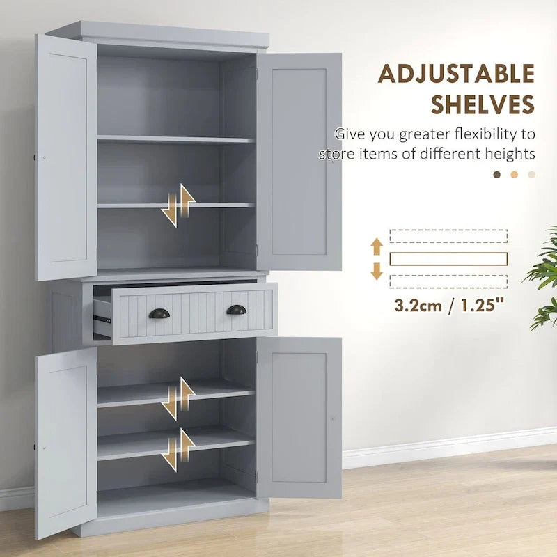 Meuble de rangement de cuisine autoportant traditionnel de 72 pouces avec 4 portes et 3 étagères réglables, grand tiroir central