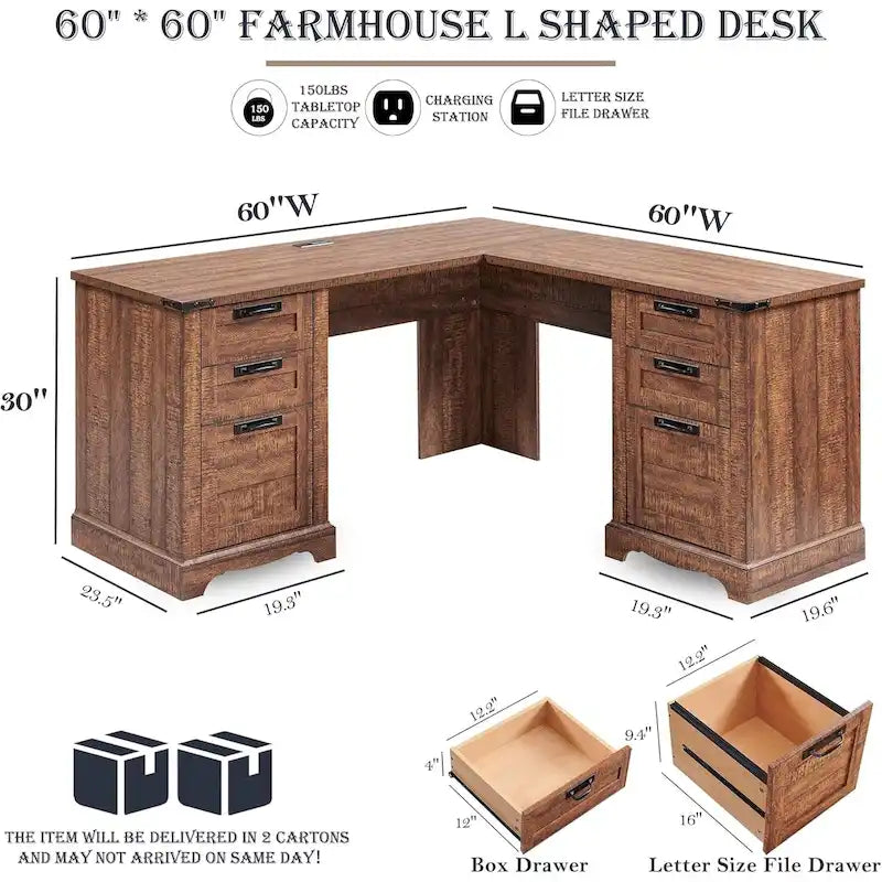 Bureau d'angle exécutif en forme de L 60 Farmhouse, bureau d'angle en bois, bureau d'ordinateur