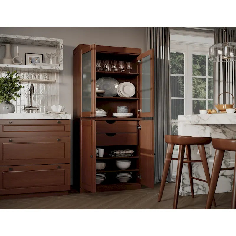 Meuble de rangement en bois massif avec portes en verre dépoli, portes pleines, 2 tiroirs et étagères réglables