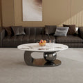 Table basse ovale moderne Pandora 51 avec plateau en pierre frittée brillante, table basse de luxe, pieds en acier inoxydable pour salon