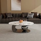 Table basse ovale moderne Pandora 51 avec plateau en pierre frittée brillante, table basse de luxe, pieds en acier inoxydable pour salon