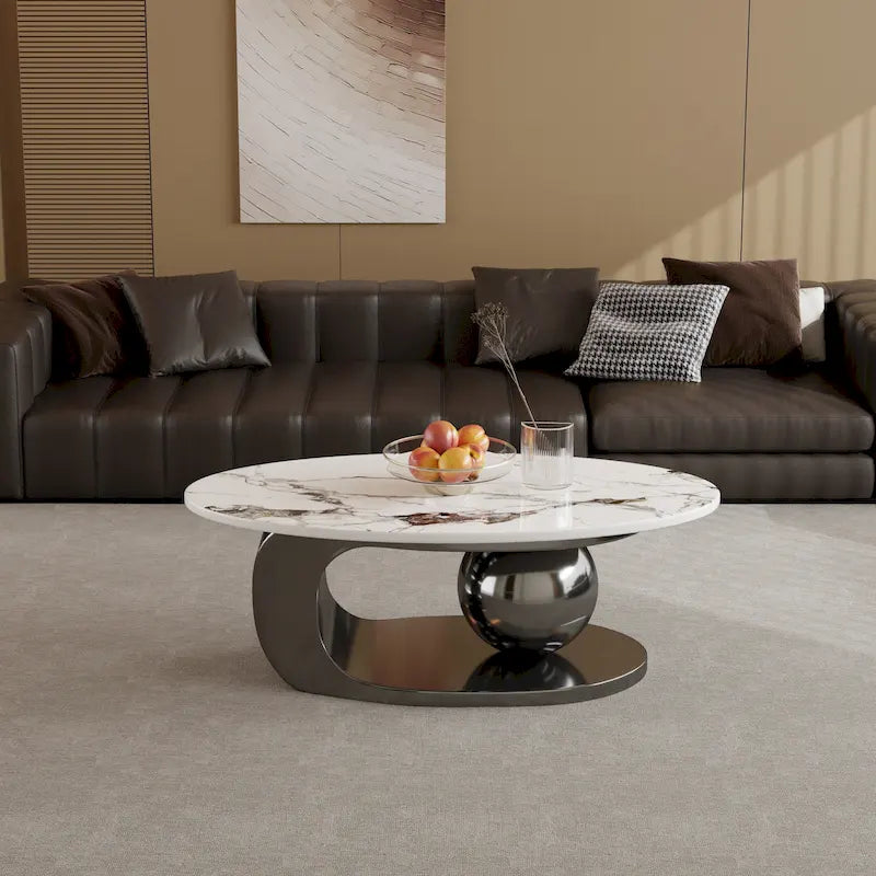 Table basse ovale moderne Pandora 51 avec plateau en pierre frittée brillante, table basse de luxe, pieds en acier inoxydable pour salon