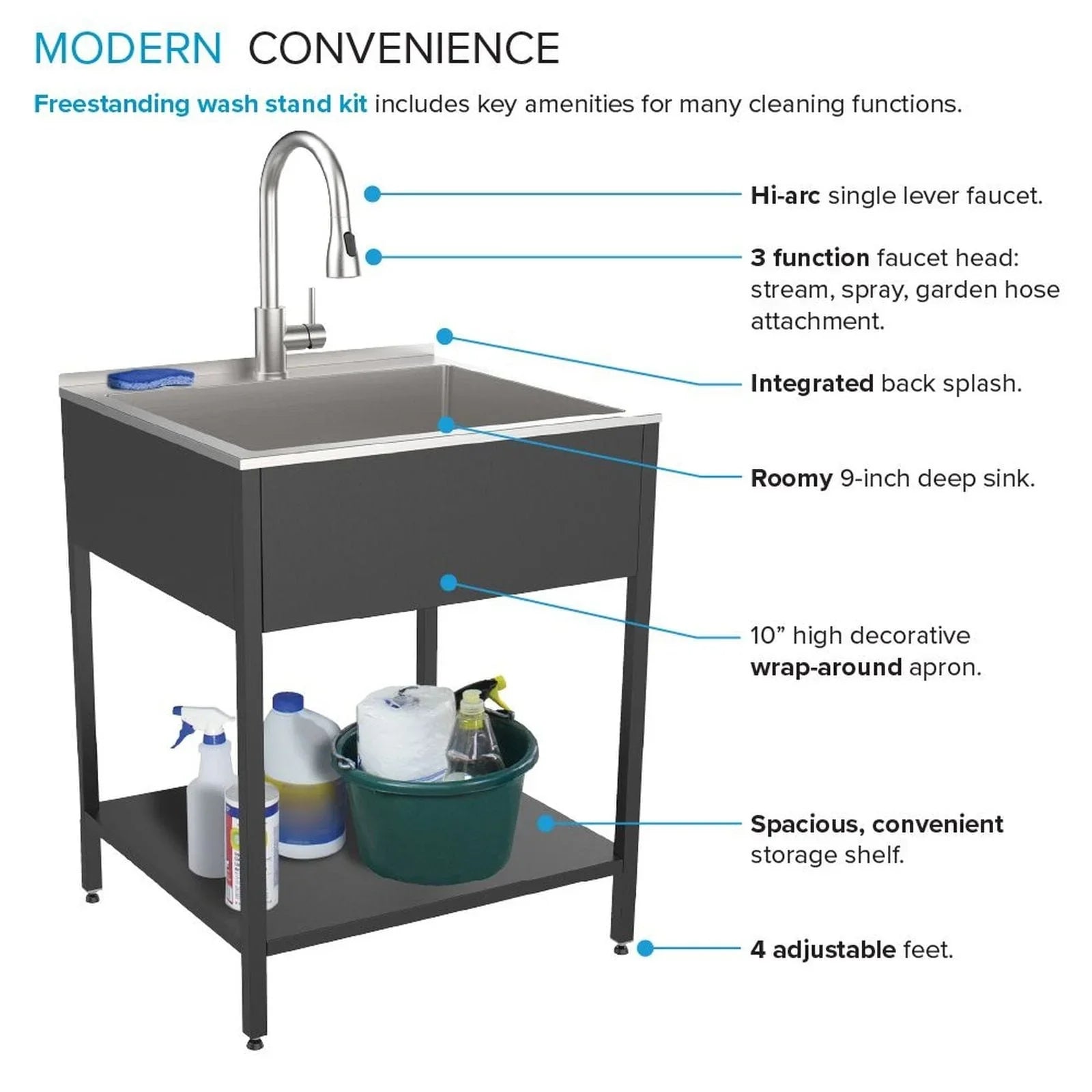 Évier de buanderie et support de lavage en acier inoxydable de 24 po L x 22 po P x 35 po H