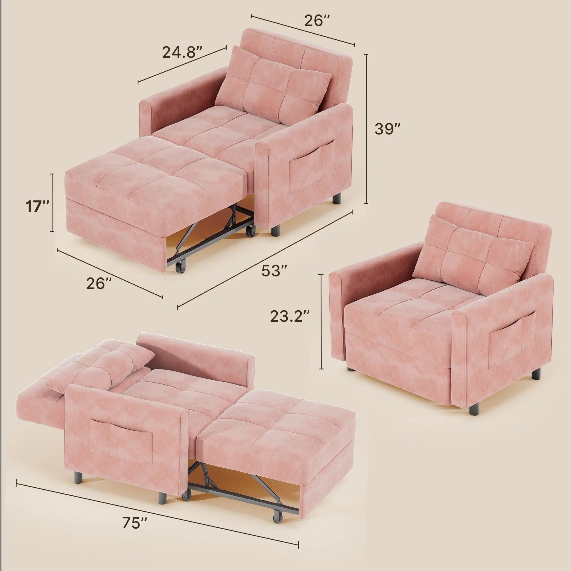 Canapé-lit convertible 3-en-1, Canapé-chaise dépliable, Lit pliant convertible pour salon