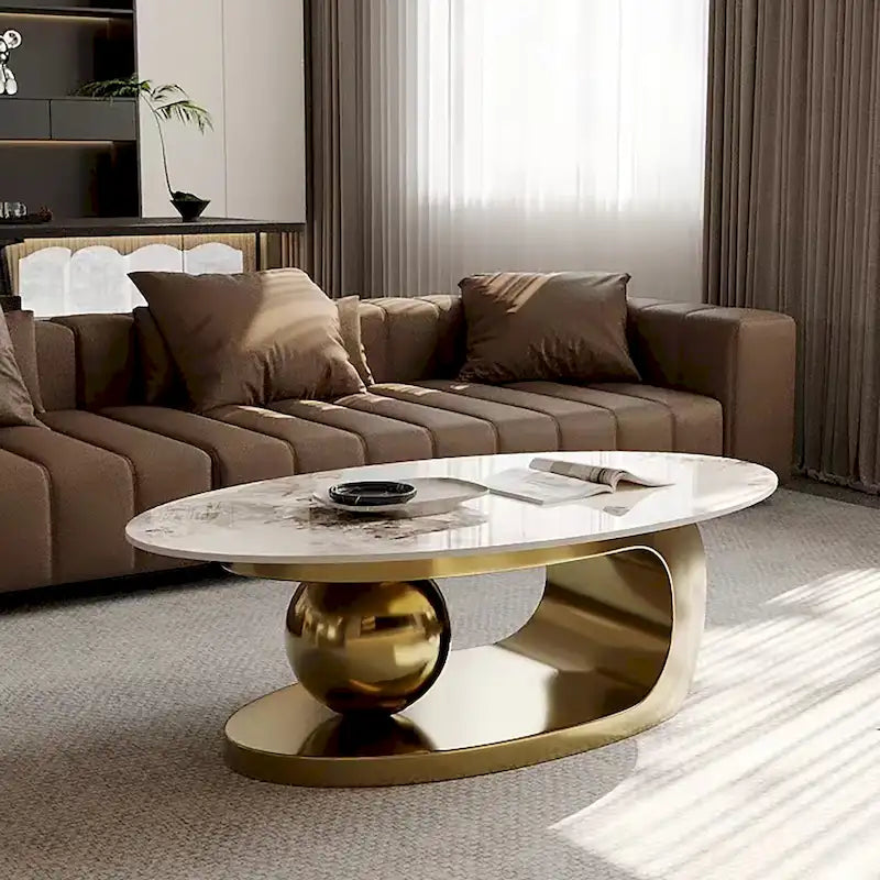 Table basse ovale moderne Pandora 51 avec plateau en pierre frittée brillante, table basse de luxe, pieds en acier inoxydable pour salon