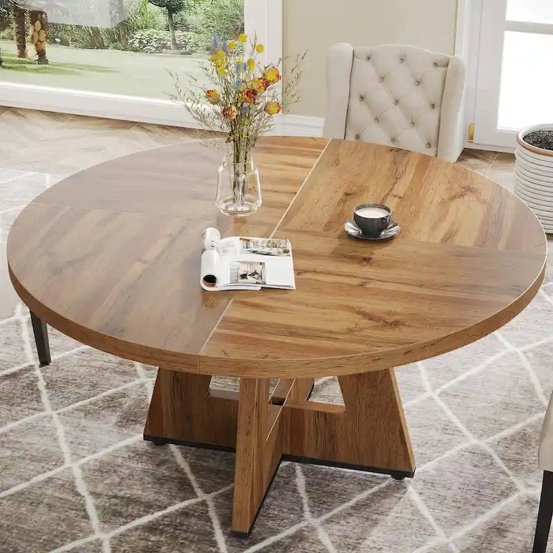Table à manger ronde de 120 cm pour 4 personnes, table de salle à manger/cuisine/salon en bois style ferme