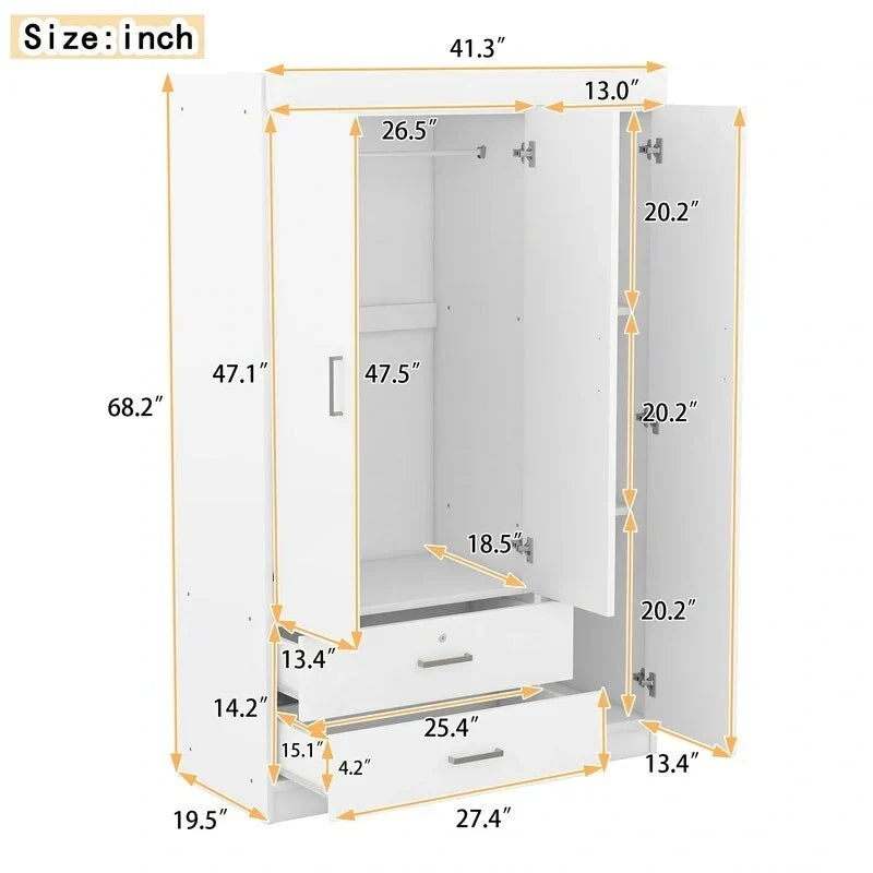 Armoire penderie 3 portes avec miroirs, étagères et 2 tiroirs