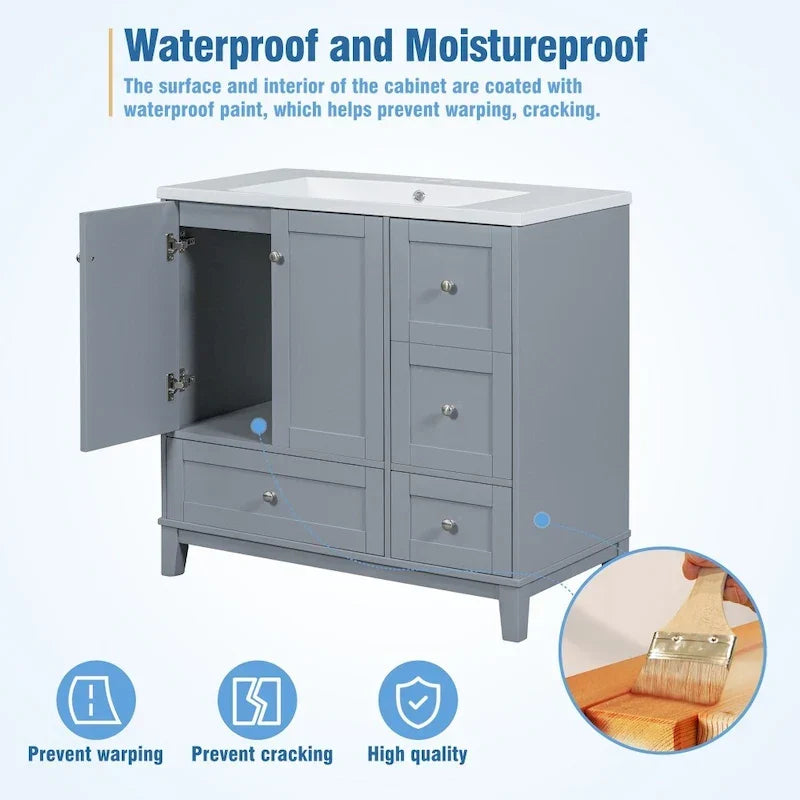 Meuble-lavabo de 36 pouces avec chargement USB, évier en résine, cadre en bois massif, 3 tiroirs de rangement