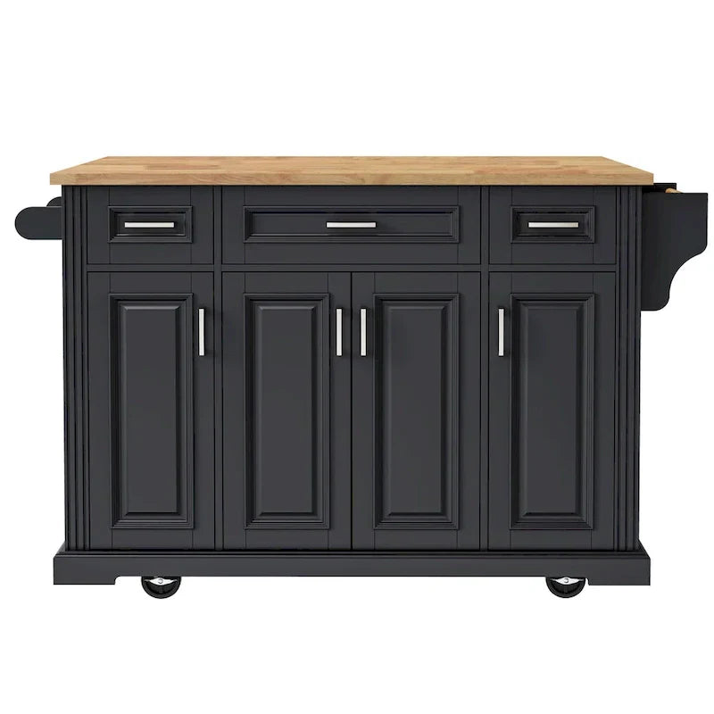 54 Grand îlot de cuisine avec plateau rabattable en bois d'hévéa, chariot de cuisine roulant à texture gaufrée sur 4 roues avec 4 portes et 3 tiroirs