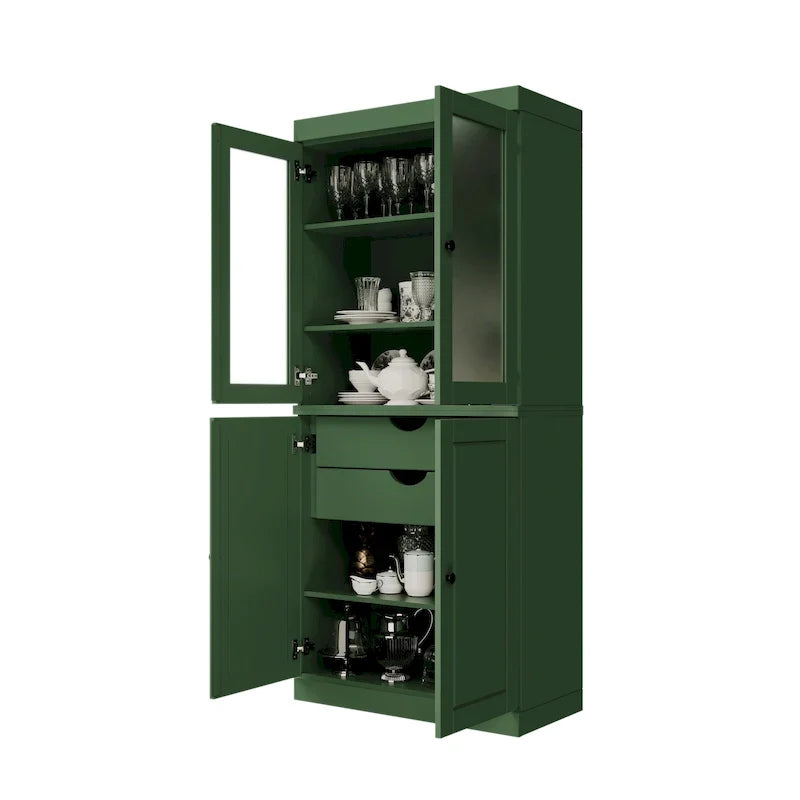 Meuble de rangement en bois massif avec portes en verre dépoli, portes pleines, 2 tiroirs et étagères réglables