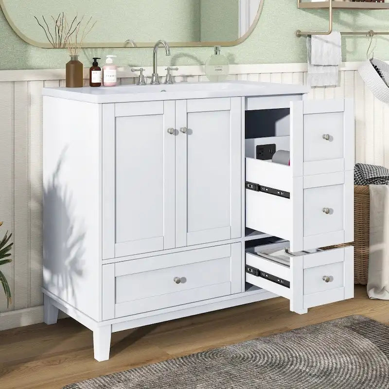 Meuble-lavabo de 36 pouces avec chargement USB, évier en résine, cadre en bois massif, 3 tiroirs de rangement