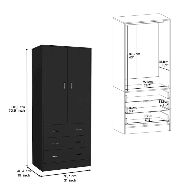 19 Armoire moderne à deux portes avec 3 tiroirs et 1 tringle de penderie pour chambre à coucher