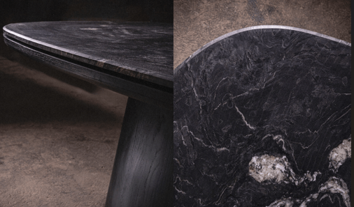 Table de salle à manger - Une étude en contraste — le plateau en quartzite cuiré offre une profondeur tactile qui change avec la lumière, ancré par un mat noir...